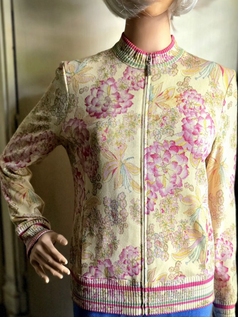 St. John Sport Petite Floral Botanical Full Zip Knit Jacket Pink Cream Size P